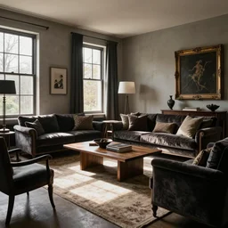 a tastefully decorated living room with dark luxurious furnishings, and a mix of antique and modern furniture, and a mix of concrete and wood finishes, chiaroscuro shadows, rays of sunlight streaming in through the windows