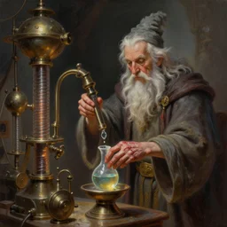 an old wizard operating a random pointlessly elaborate intricate contraption pneumatic machine extracting a healing potion anatomically correct hands dnd character art portrait matte fantasy painting deviantart artstation by jeff easley by tyler jacobson cinematic lighting
