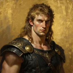 painted portrait of ruggedly handsome berserker by gaston bussiere greg rutkowski, greek god, focused on face, muscular physique masculine manly young, black clothes fantasy intricate elegant detailed digital painting concept art artstation sharp focus illustration gold paint