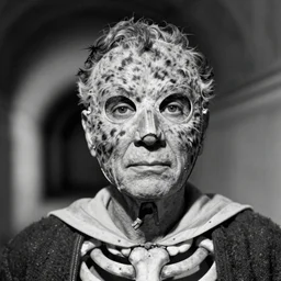 50s movie still close-up portrait of a skinny old male with a taxidermic mask and bones clothes in a liminal space style tunnel, early black and white 8mm, heavy grain, low quality,