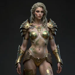 masterpiece portrait of a cosmic warrior waring earth armor, au naturel, hyper detailed, digital art, trending in artstation, cinematic lighting, studio quality, smooth render, unreal engine 5 rendered, octane rendered, art style by klimt and nixeu and ian sprigger and wlop and krenz cushart