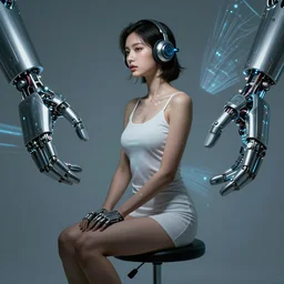 beauty woman being sitting on a stool, futuristic headset, surrounded by light projections, very detailed, dramatic lighting, detailed mechanical hands, electrical details, high details, 4k, 8k, trending on artstation, by Hajime Sorayama and Boris Vallejo