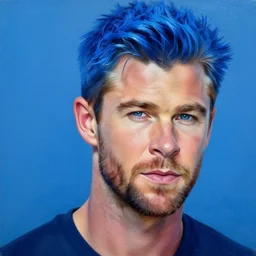 a portrait of blue - haired chris hemsworth vivid blue colors, photorealistic painting by mandy jurgens, trending on artstation, photorealism, detailed painting, behance hd, hyper realism