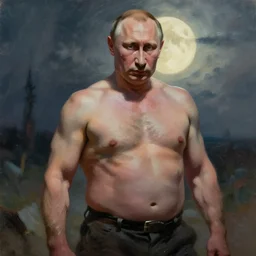 frazetta painting of homeless vladimir putin on steroids, nighttime ,daytime , backlight , detailed visible brushmarks
