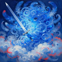 a painting of abstractionism made of curling blue light who made of curly and transparent feathers and cloud with red edges is holding a sword, a digital painting by charlie bowater, made of many translucent layers of blue feathers and cloud, metaphysical painting, dehumanism, digital painting, holographic undertones, highly saturated colors, 4 k, glossy eyes, concept art, trending on artstation