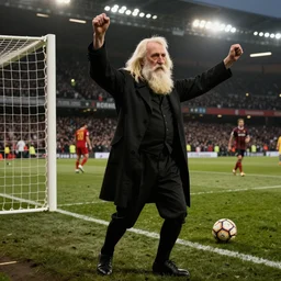 Charles Darwin scoring a goal in a football championship and celebrating it, real picture, 21th century picture,