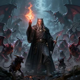 a mage, casting a spell to summon an army of magical creatures to defend against a demonic invasion.