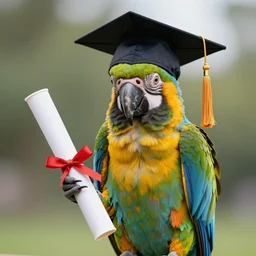 photograph of a parrot wearing a graduation cap holding a diploma, photorealistic - h 7 0 4