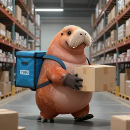 fantasy digital art of a walrus dressed as a delivery driver carrying a box in a warehouse