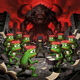 resolution 4k worlds of loss and depression made in abyss design Akihito Tsukushi design body pepe the frog group of them attacking a monster war , battlefield darkness military drummer boy pepe , desolated city the sky is filled with red halos over each of their heads ivory dream like storybooks, fractals , pepe the frogs at war, art in the style of and Oleg Vdovenko and Akihito Tsukushi ,Stefan Koidl