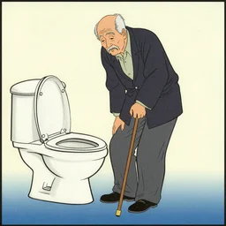 'comic book style art of an older man with a cane falls in a toilet by Katsushika Hokusai'