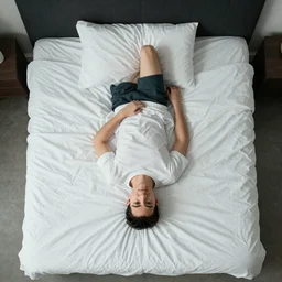 aerial view photo of a guy laying on the floor of his bedroom looking at the camera, synthwave colors, computer, cell phone, video games, tv, knick knacks, faded effect, scribble anime, light, bright, no shadows, by moebius