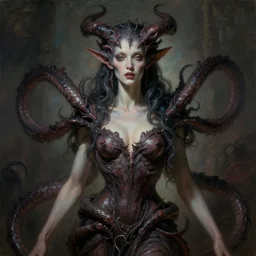 portrait of an infernal eldritch demon with snakelike limbs by wayne barlowe and dante gabriel rosetti