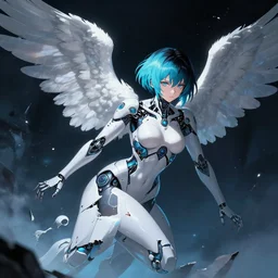 beautiful cinematic female cyborg angel falling apart , fantasy magic, short aqua blue black fade hair, dark light night, highly detailed, advanced digital anime art, concept art, wlop rossdraws Sakimimichan