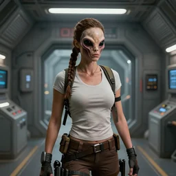 lara Croft with alien facehugger on face, interior: spaceship, wide shot, realistic, 8k resolution, hyperdetailed, highly detailed, real life, studio lighting, high quality, photo