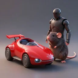a small red futuristic vehicle near a humanoid rat, hyperrealistic, disney and pixar style, concept art, octane render, unreal engine 5, concept art, trending on artstation, cinematic, high coherence, highly detailed, high quality, 8 k, soft lighting, path traced