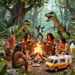 8 5 mm f 1. 8 lit edges, photo, hyper detailed, neanderthal people celebrating first contract with aliens!, eating sushi, surrounded by dinosaurs!, gigantic forest trees, sitting on rocks, bonfire, zoom on alien face, michael jackson moon dance, ice! cream! truck!
