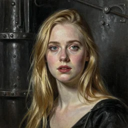a striking hyper real painting of Elle Fanning, dark, metal, by Gustave Dore