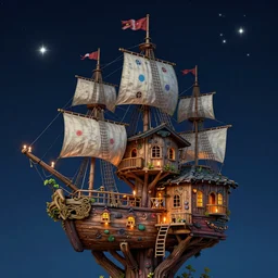a treehouse made out of a pirate ship, the treetops, night, stars, candles, colorfully, detailed illustration, digital art, overdetailed art, concept art, highly saturated colors, detailed illustration, hd, 4 k, digital art, dan mumford, greg, rutkowski, trending on artstation
