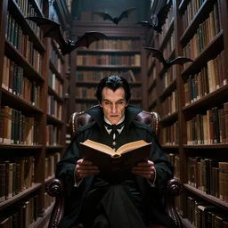 enormous library, dracula sits reading a book, bats, gordon browne