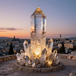 a beautiful tirat carmel city with lots of glowing crystals, sunset lighting,