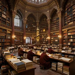 Inside The Great Vajrayana Dzogchen Cathedral Temple Secret Library, thousands of books and sacred texts piled up, reading desks for scholar monks, beautiful lighting, by Andreas Rocha and Peter Mohrbacher, cinematic concept art matte painting, intricate detailed stunning incredible, 8K, trending on Artstation