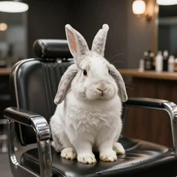 sad rabbit sitting in a barbers chair
