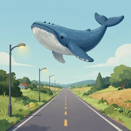 a study of cell shaded cartoon of a flying blue whale on a country road, street lamps, road, illustration, wide shot, subtle colors, post grunge, concept art by josan gonzales and wlop, by james jean, Victo ngai, David Rubín, Mike Mignola, Laurie Greasley, highly detailed, sharp focus, alien, Trending on Artstation, HQ, deviantart, art by artgem
