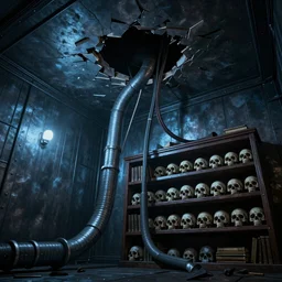 low angle creepy illustration of a metal room with large tubes and cables coming out of a hole in the broken ceiling and a bookshelf filled with skulls on the back wall, blue light, dramatic lighting, moody lighting, golden ratio, rule of thirds, 3 d environment, environmental art, environmental design, cinematic low angle, dutch tilt, 8 k, realistic lighting, realistic shading, octane render