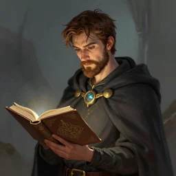 Young John Malkovich with short brown hair and brown beard in a cloak, studying a spellbook, half-elf Divination Wizard Pathfinder character art d&d character portrait