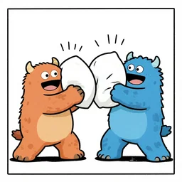 comic illustration. drawing of plushy monsters having a pillow fight by bill watterson