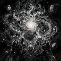the eternal space god being with galaxy hair, high concept space fantasy art, by Jim Burns and Bruce Pennington and Greg Rutkowski, digital painting, textures, intricate details, beautiful epic character design, low contrast, low saturation, cinematic lighting, complex intricate physics and planets space background