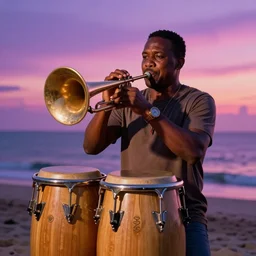 jazz singer on the beach playing the conga’s with an purple pink sunset