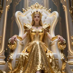 a photo of 8k ultra realistic corrupted ovecraftian golden queen on her throne, intricate white and gold neon, ornate, cinematic lighting, trending on artstation, 4k, hyperrealistic, focused, high details, unreal engine 5, cinematic, masterpiece