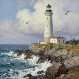 a painting of a massive lighthouse built on seashore rocky cliff with waves crashing into the rocks and sea birds flying, in the style of ray caesar, digital art