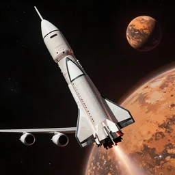 a rocket ship mixed with boeing 7 7 7 in outer space heading to mars