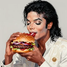 portrait of a  Michael Jackson eating a hamburger, extra onions and ketchup, luscious patty with sesame seeds, masculine, handsome, D&D, fantasy, intricate, elegant, highly detailed, digital painting, artstation, concept art, matte, sharp focus, illustration, art by Artgerm and Greg Rutkowski and Alphonse Mucha