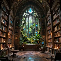 decaying interior of an ( ( old library ) ) with a rainforest growing inside, highly detailed, mystical cathedral windows, glowing blue candles, intricate detail, beautiful 3 d rendering, octane render, hyperrealistic, trending on artstation, by greg rutkowski and simon stalenhag