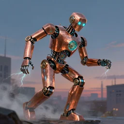 clockwork polished copper robot alighting, electrical arcing, cyan led blinkenlights, geometric, twilight, by małgorzata serwatka, charles o. perry, zack snyder featured on illustrationx, universal, smoky, intricate matte painting