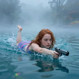 Emma Stone with gun swimming in chromatic distortions in misty mysterious place, beautiful, psychedelic, lsd, trending on artstation, omnious, soft, artwork by Tran, Ross