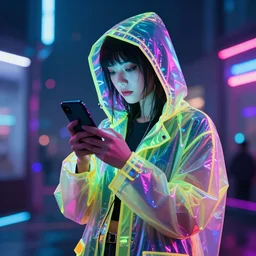 a woman in a neon raincoat using a cell phone, cyberpunk art by stanley twardowicz, trending on shutterstock, holography, seapunk, y 2 k aesthetic, glowing neon