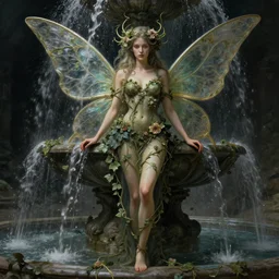 beautiful full body portrait of the great fairy fountain, her body wrapped with ivy vines and flowers, dark fantasy esoteric, d & d, sensual look, fantasy, cinematic lighting, intricate, elegant, highly detailed, digital painting, artstation, concept art, matte, sharp focus, illustration, art by artgerm and tom bagshaw and greg rutkowski and alphonse mucha