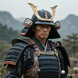 old samurai warrior, high detail face, realistic, ultra detailed, menacing, powerful, dark, shallow focus, forest, mountains in the background concept art design as if designed by Wētā Workshop