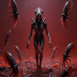 the filmic anti - christ rising from a red ocean. alien squid appear. ominous. vivid color detailed photograph from a 1 9 9 0 s horror movie.