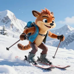 a medium shot beautiful photo crash bandicoot skiing on a snowy mountain, icepunk, gamercore, ultra detailed, trending on artstation