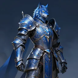 Fantasy Paladin with tower shield wearing an intricate azure wolf themed full plated armor, moonlit, HD, illustration, epic, D&D, fantasy, intricate, elegant, highly detailed, digital painting, artstation, concept art, smooth, sharp focus, illustration, art by artgerm and greg rutkowski and alphonse mucha