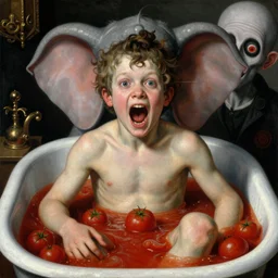 a boy like eraserhead and elephant man sitting in a tub full of tomato sauce, looking straight into camera, screaming in desperation, by giuseppe arcimboldo and ambrosius benson, renaissance, fruit, intricate and intense oil paint, a touch of beksinski and hr giger and edward munch, realistic, rules of composition, headspace