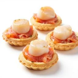 thin pastry cases stuffed with smoked salmon and scallop, 8 k resolution, food photography, studio lighting, sharp focus, hyper - detailed