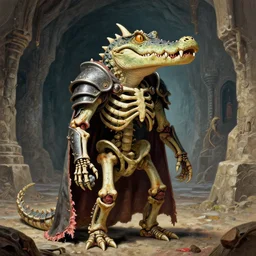 A little vibrant. A spiked horned detailed crocodile-semihuman skeleton with armored joints stands in a large cavernous citadel with a pebble in hands. Wearing massive shoulderplates, cloak. Extremely high details, realistic, fantasy art, solo, masterpiece, bones, ripped flesh, colorful art by Zdzisław Beksiński, Arthur Rackham, Dariusz Zawadzki, Harry Clarke