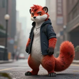 redblack furry _ fursona stoat, coalpunk, masculine, urban, mustelid furry _ character, photorealism